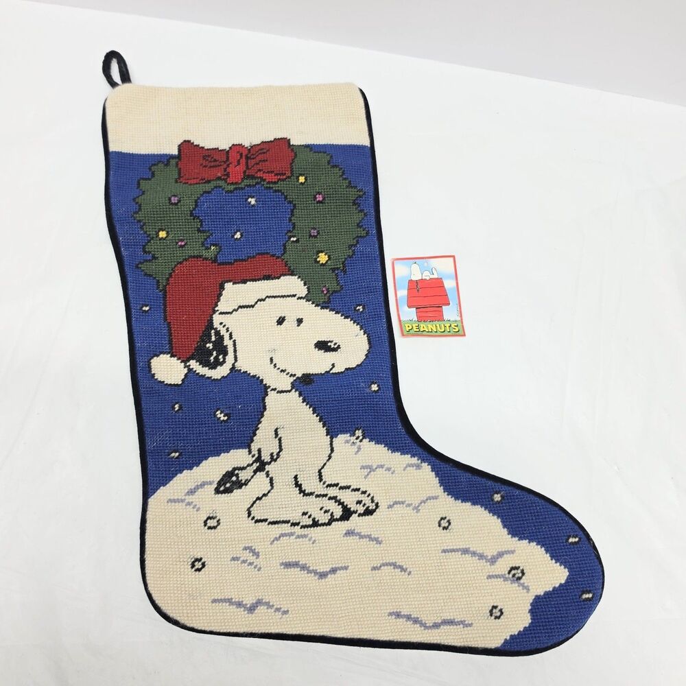 Vintage Peanuts Snoopy Christmas Needlepoint Stocking Hanger Wool Velvet Back